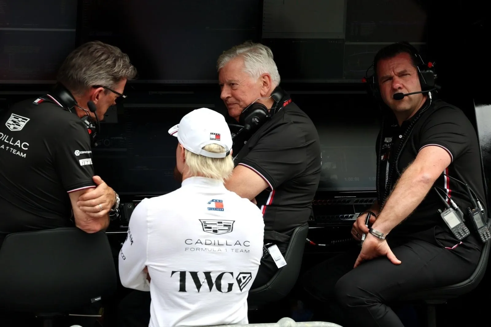 Cadillac race team manager Peter Crolla (right) with former team principal Graeme Lowdon, technical consultant Pat Symonds and Valtteri Bottas